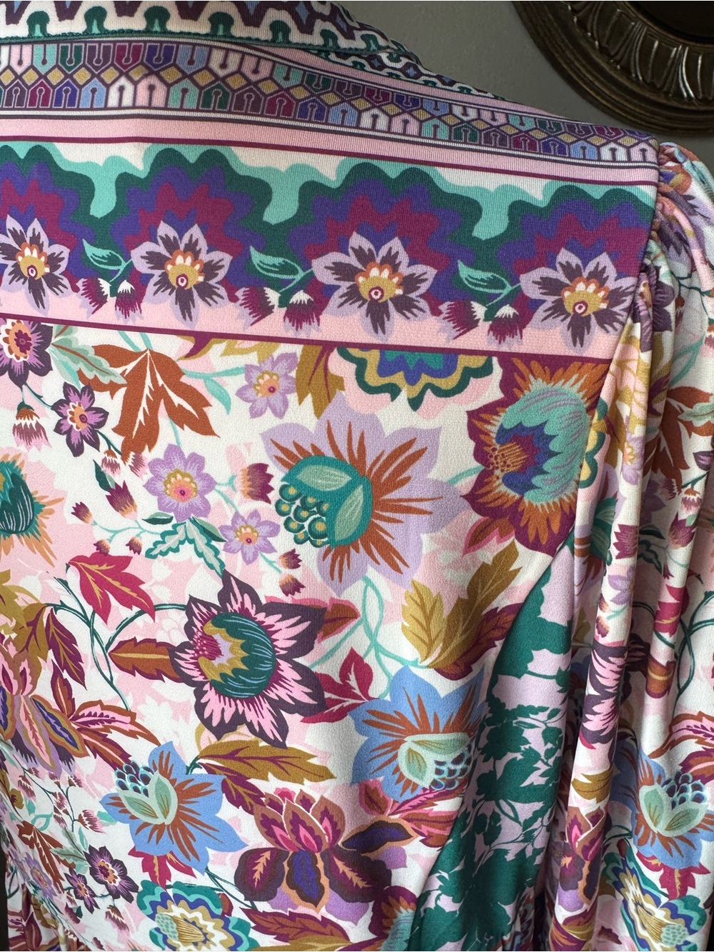 Hale Bob NWOT Floral Tiered Jersey Mini Dress Multicolor Boho Long Sleeve L - Picture 8 of 13